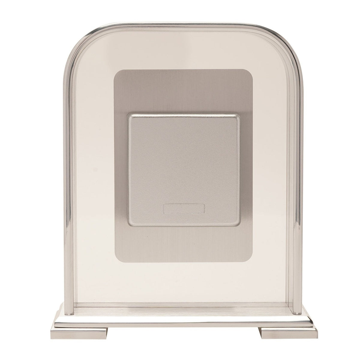 Arched portrait mantel clock in silver metallic finish, rear view showing the solid back panel and stepped base, set against a plain white background.