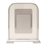 Arched portrait mantel clock in silver metallic finish, rear view showing the solid back panel and stepped base, set against a plain white background.