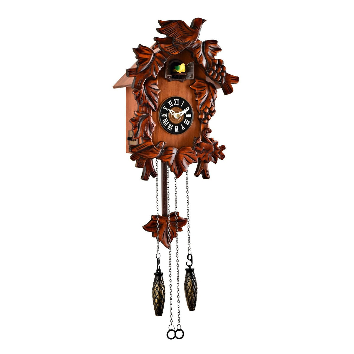 Small Quartz Cuckoo Wooden Wall Clock with Bird on Top - Mahogany
