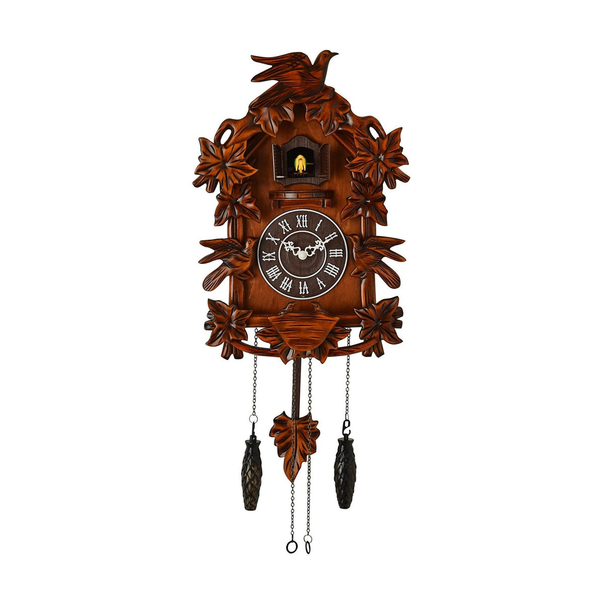 Large Bird Top Wooden Case Quartz Cuckoo Wall Clock - Mahogany