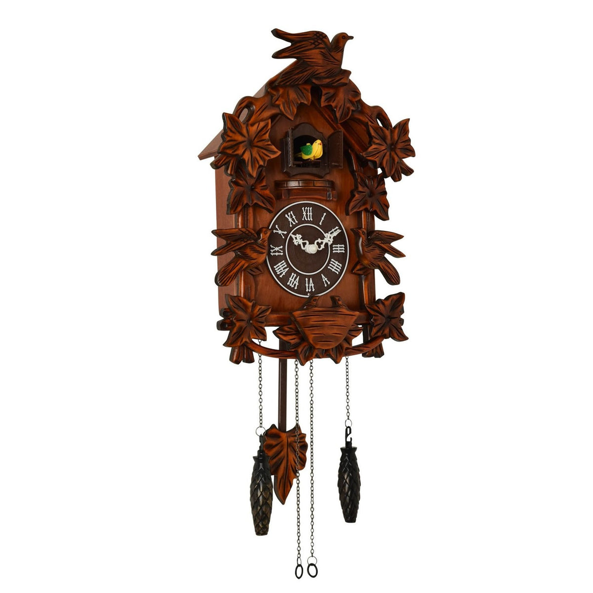 Large Bird Top Wooden Case Quartz Cuckoo Wall Clock - Mahogany