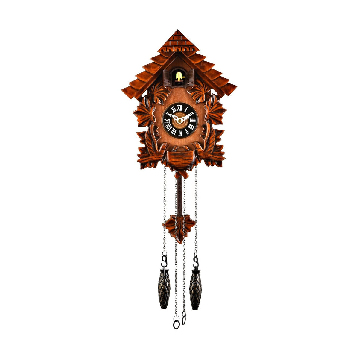 Pitched Roof Quartz Wooden Cuckoo Wall Clock in mahogany, with carved leaf details, black Roman numeral dial, and hanging pinecone-style pendulum weights on a plain white background.