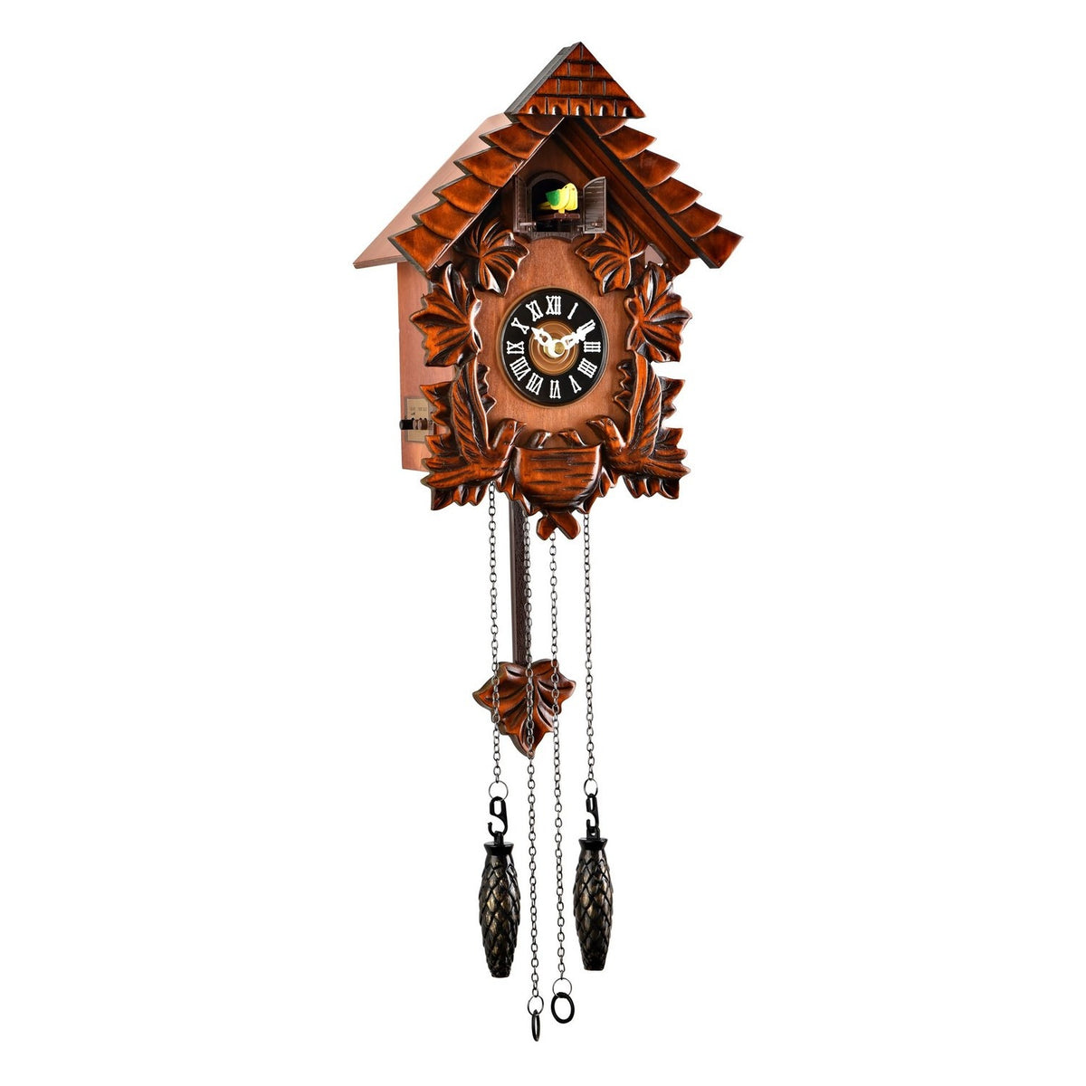 Pitched Roof Quartz Wooden Cuckoo Wall Clock in mahogany, with carved leaves, a black Roman numeral dial, bird detail under the roof, and hanging pinecone-style weights on chains.