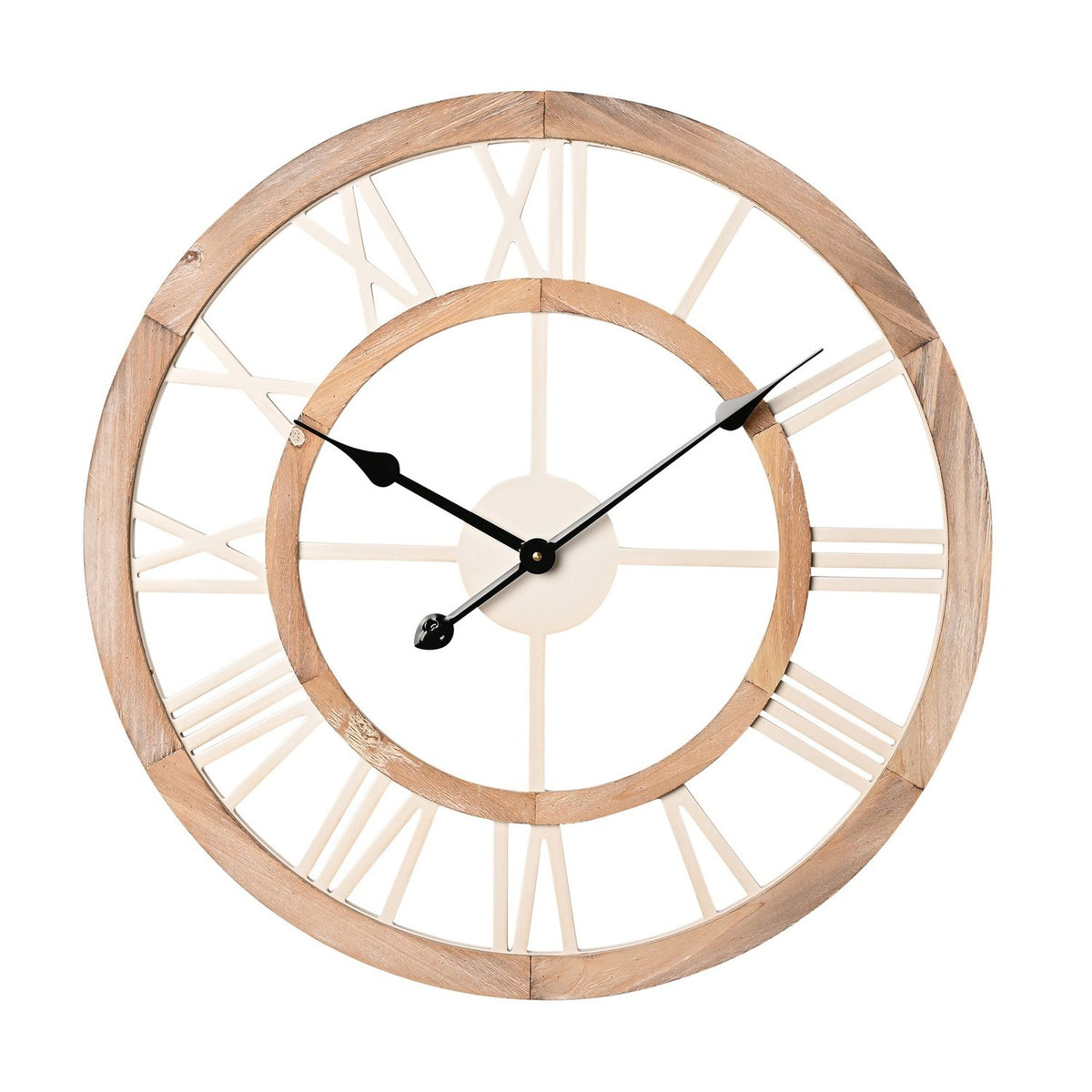 Shabby Chic round 60cm wall clock with open cut-out MDF dial, white Roman numerals and centre disc on a light wood-tone ring, black hands, shown against a plain white background.