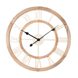 Shabby Chic round 60cm wall clock with open cut-out MDF dial, white Roman numerals and centre disc on a light wood-tone ring, black hands, shown against a plain white background.