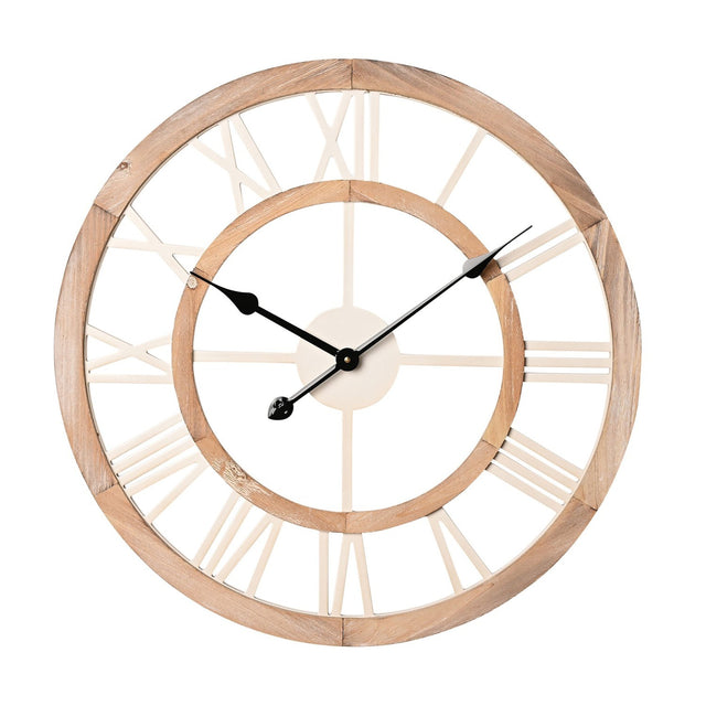 Shabby Chic round 60cm wall clock with open cut-out MDF dial, white Roman numerals and centre disc on a light wood-tone ring, black hands, shown against a plain white background.