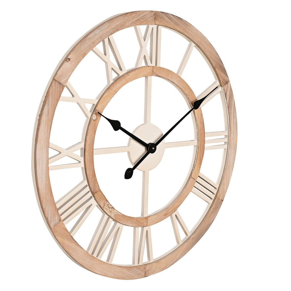 Shabby Chic round 60cm wall clock with cut-out MDF dial, white Roman numerals and centre disc on a warm wood-toned outer ring, black hands, shown on a plain white background.