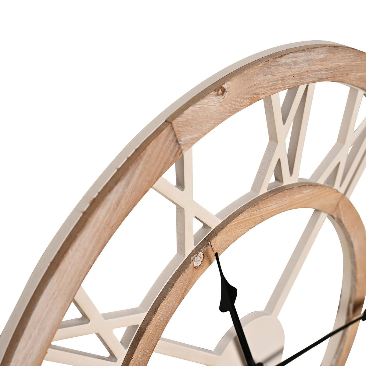 Close-up of the Shabby Chic Round MDF Wall Clock, 60cm, showing the white open cut-out Roman numeral dial and wood-toned outer ring with black hands, on a plain white background.