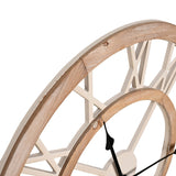 Close-up of the Shabby Chic Round MDF Wall Clock, 60cm, showing the white open cut-out Roman numeral dial and wood-toned outer ring with black hands, on a plain white background.