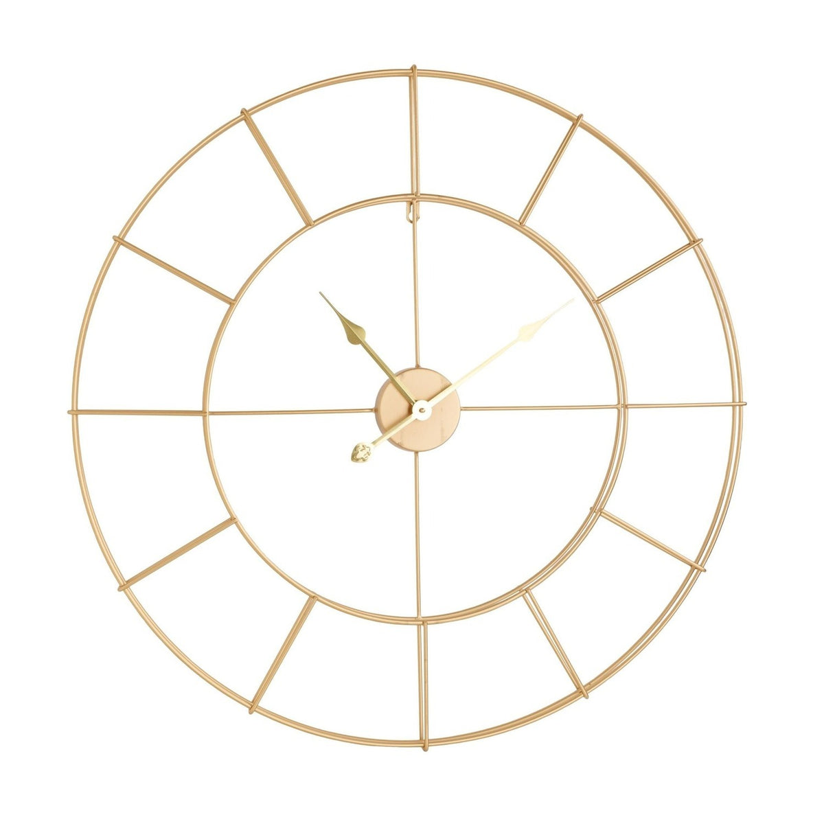 Gold skeleton wall clock, 80cm, with double ring frame, twelve radial bars marking hours, round centre boss and spade hands, shown on a plain white background.