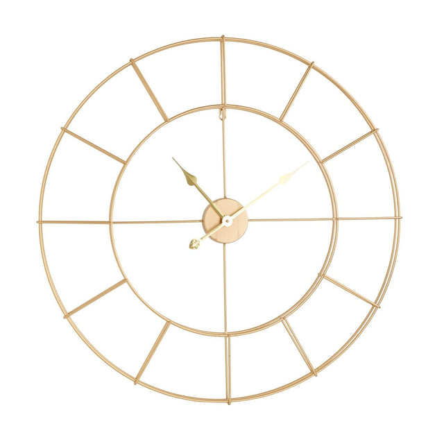 Gold skeleton wall clock, 80cm, with double ring frame, twelve radial bars marking hours, round centre boss and spade hands, shown on a plain white background.