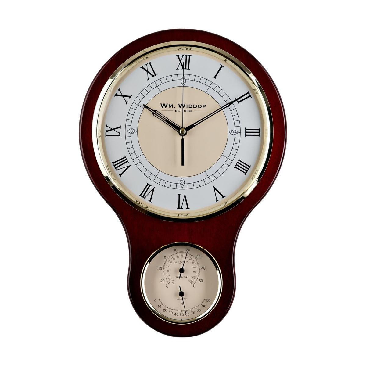 Keyhole-shaped wooden wall clock in reddish brown gloss finish with Roman numeral dial, gold-tone bezel, and a smaller thermometer and hygrometer gauge below, on a white background.