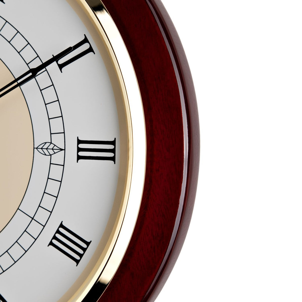 Close-up of the Keyhole Wooden Wall Clock's white Roman numeral dial, black hands, and gold-tone bezel set within a glossy reddish brown wood case.