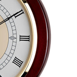Close-up of the Keyhole Wooden Wall Clock's white Roman numeral dial, black hands, and gold-tone bezel set within a glossy reddish brown wood case.
