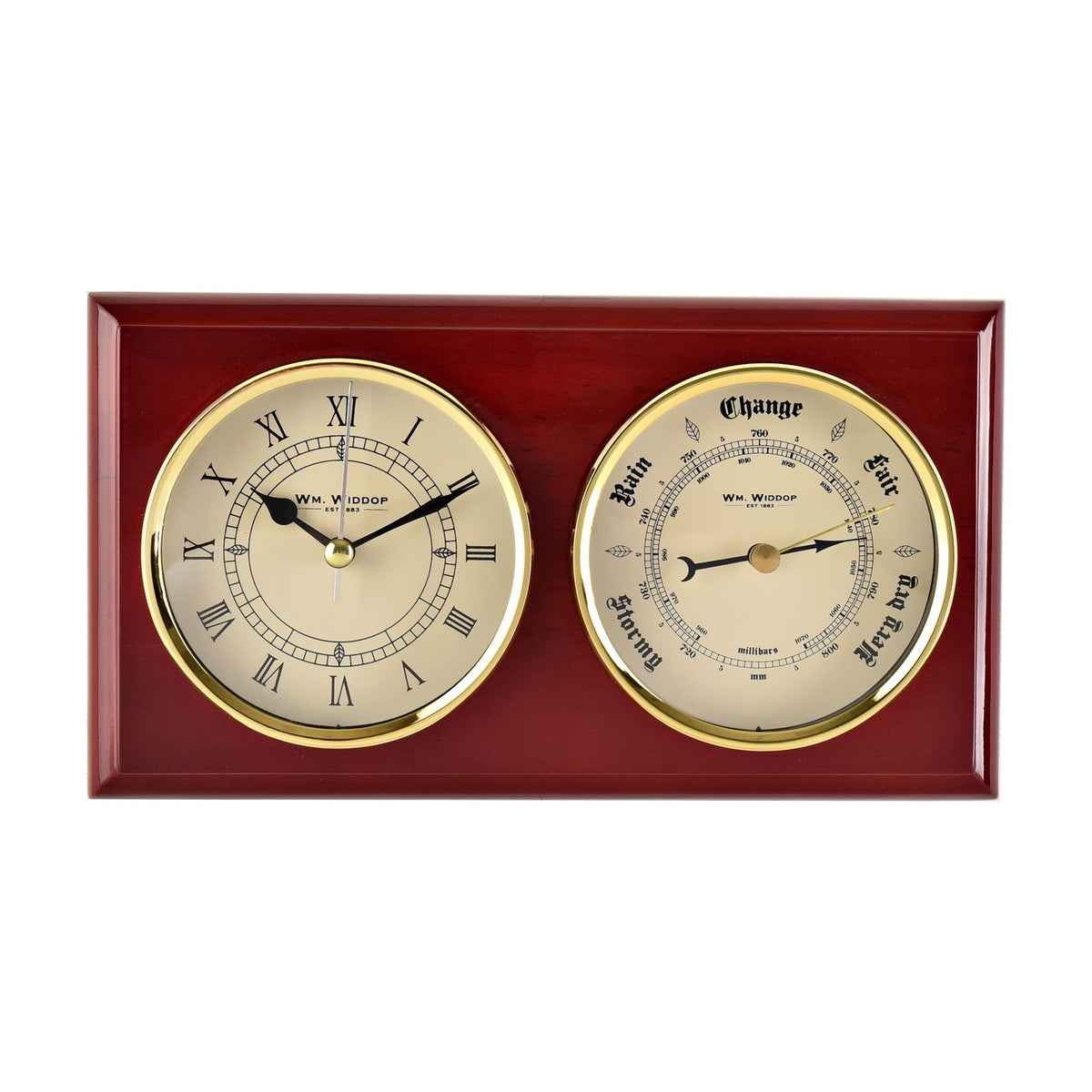 Roman Numeral Wooden Barometer & Wall Clock - Brown & Cream