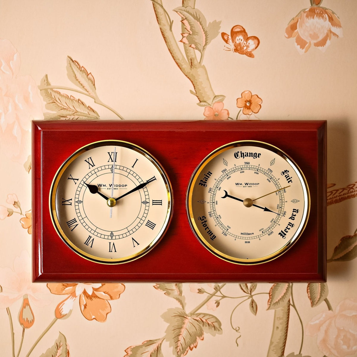 Roman Numeral Wooden Barometer & Wall Clock - Brown & Cream