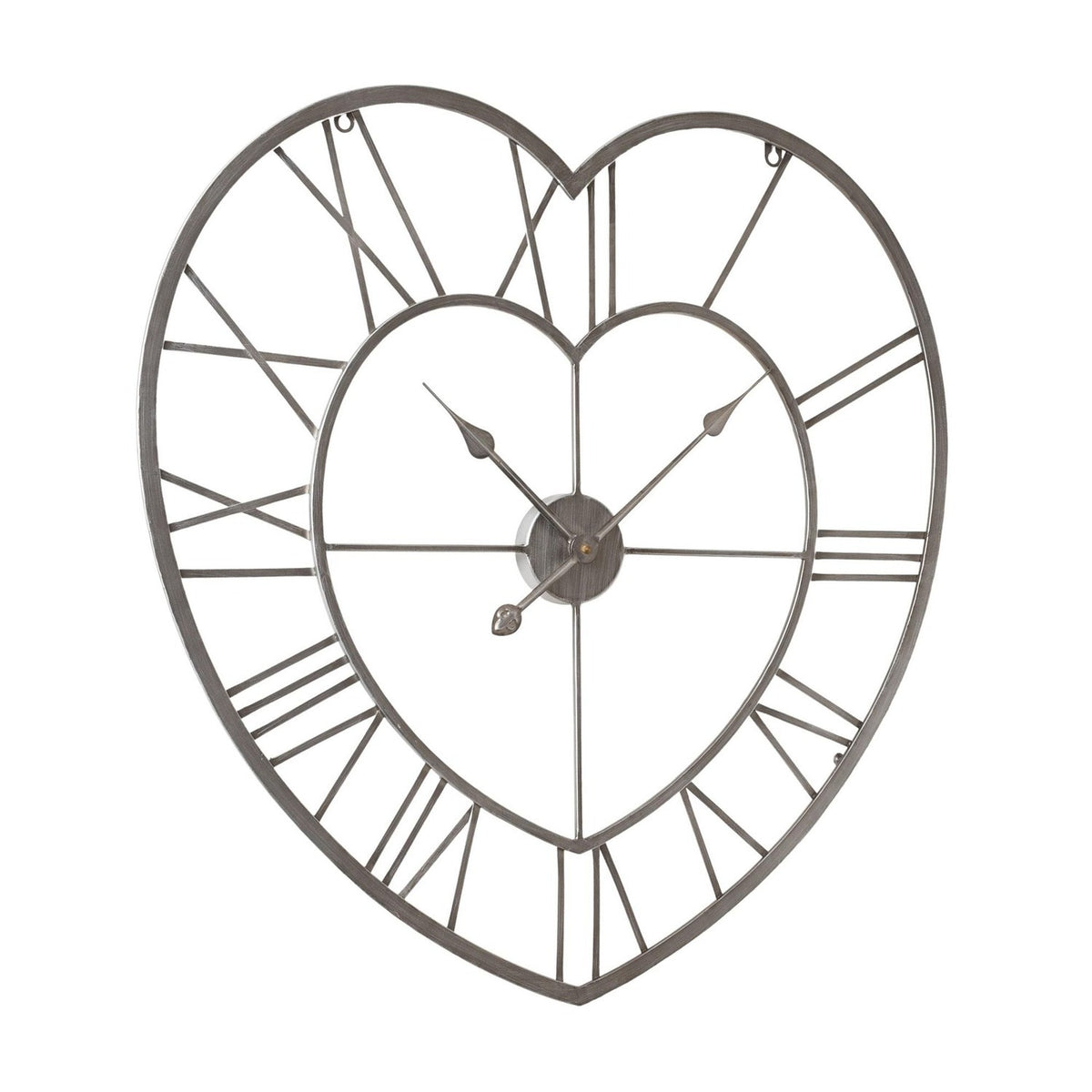 Open heart metal wall clock in silver, with Roman numerals set between an outer and inner heart outline and slim hands on a round centre boss, shown on a white background.