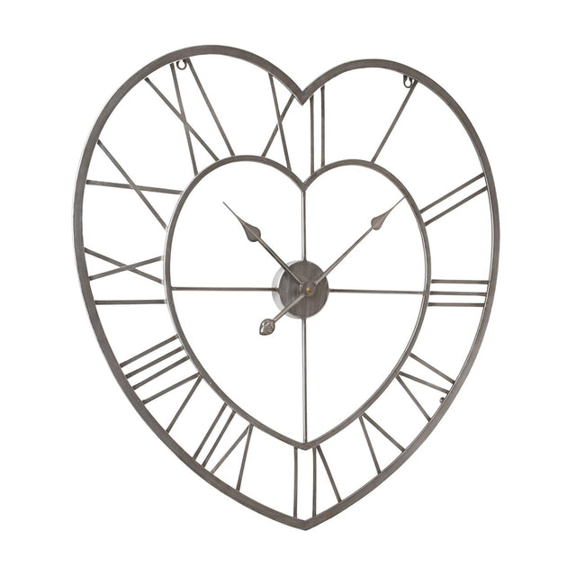 Open heart metal wall clock in silver, with Roman numerals set between an outer and inner heart outline and slim hands on a round centre boss, shown on a white background.