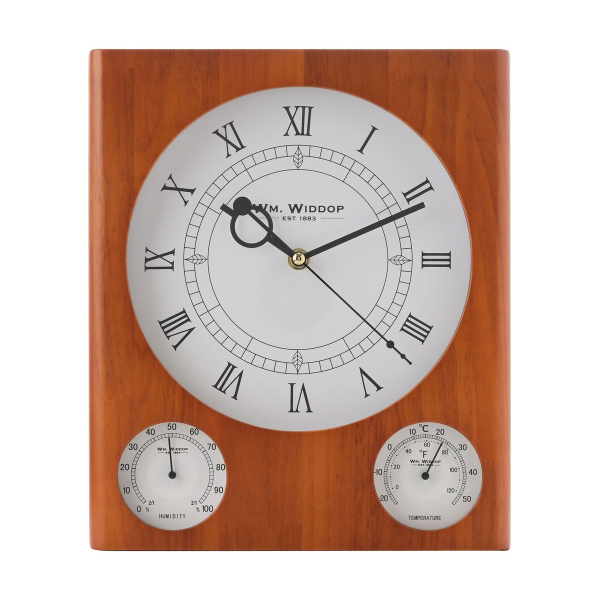 Rectangular Wood Wall Clock with Thermometer & Hygrometer - Brown