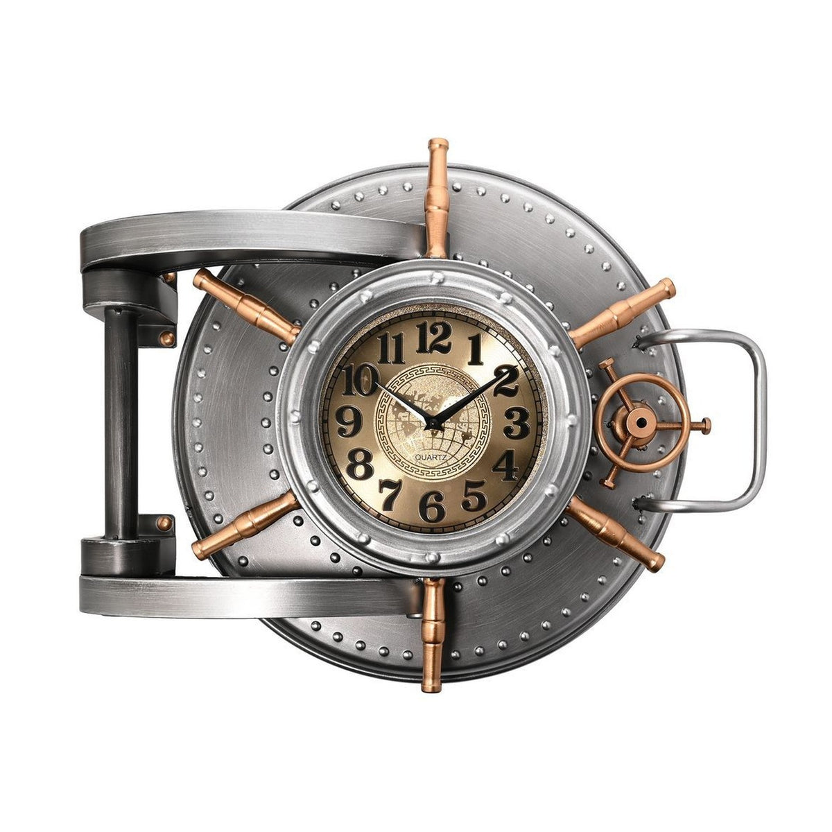 Riveted Safe Door Wall Clock in silver finish with copper-toned spoked wheel, hinge and loop handle, cream and gold dial with black numerals, on a plain white background.