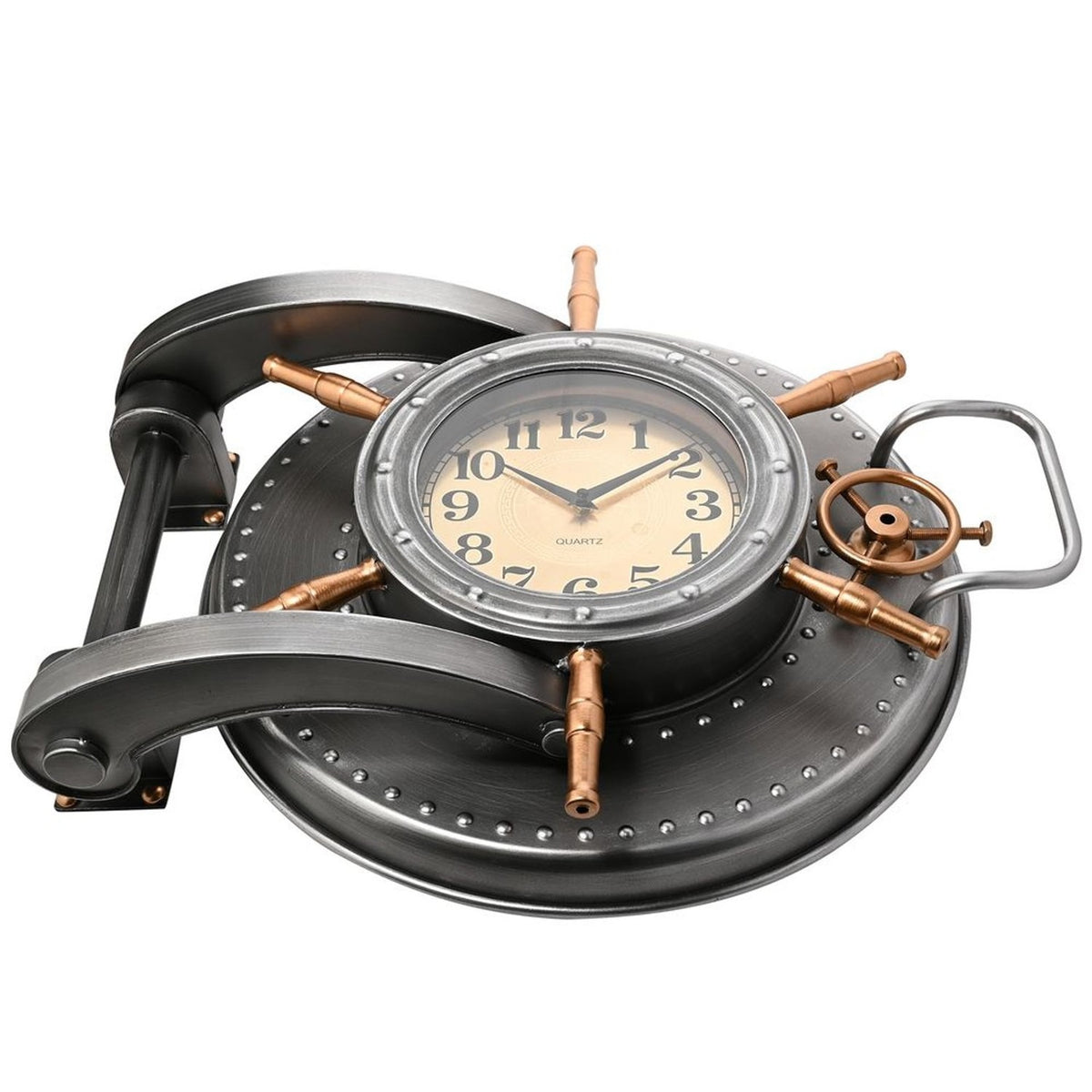 Riveted Safe Door Wall Clock in silver finish with copper-toned spokes, porthole bezel, cream and gold dial, hinge bracket and looped handle, shown on a white background.