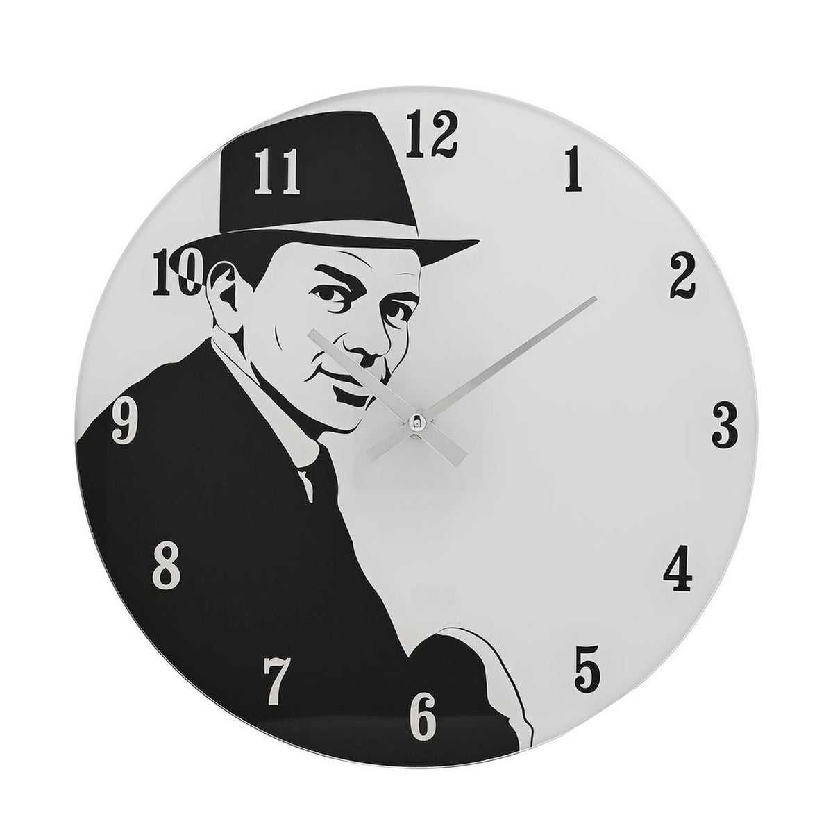 Round glass wall clock, 30cm, white face with bold black 1950s crooner portrait in hat and tie, full black numerals 1-12, silver hands, plain white background.