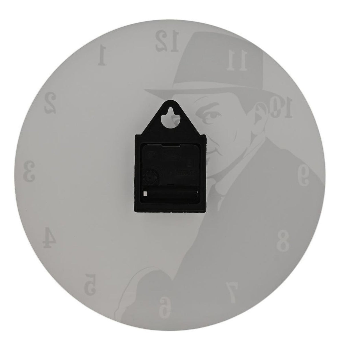 Round glass wall clock, 30cm, with a 1950s crooner portrait in black on a white face, black numerals 1 to 12, and visible clock mechanism, on a plain background.