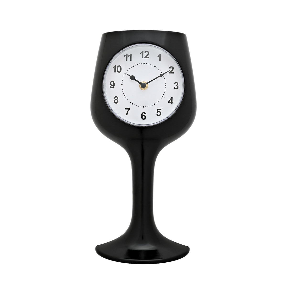 Black glass wine glass-shaped wall clock with a round white dial, black numerals and hands, slender stem and flared foot, on a plain white background.
