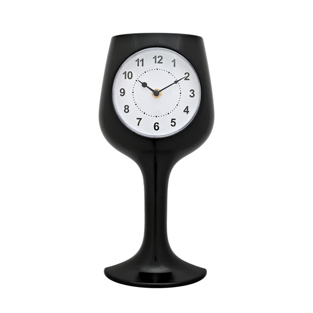 Black glass wine glass-shaped wall clock with a round white dial, black numerals and hands, slender stem and flared foot, on a plain white background.