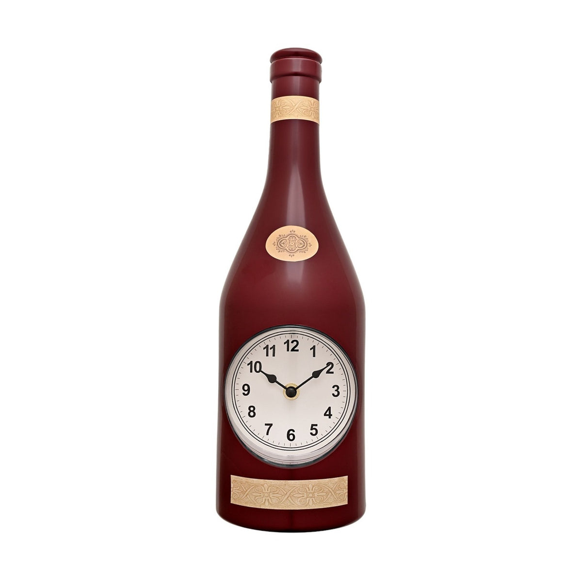 Wine Bottle Plastic Wall Clock shaped like a glossy maroon bottle with white dial, gold neck band, oval medallion and base label, on a plain white background.