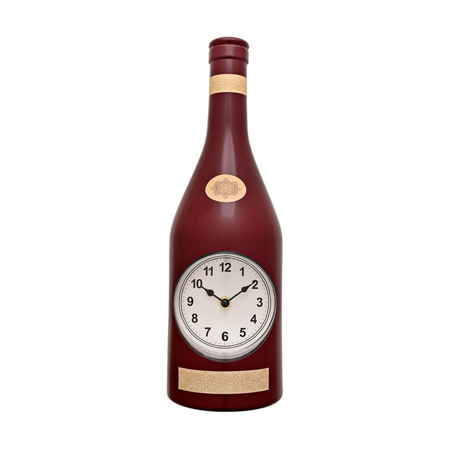 Wine Bottle Plastic Wall Clock shaped like a glossy maroon bottle with white dial, gold neck band, oval medallion and base label, on a plain white background.