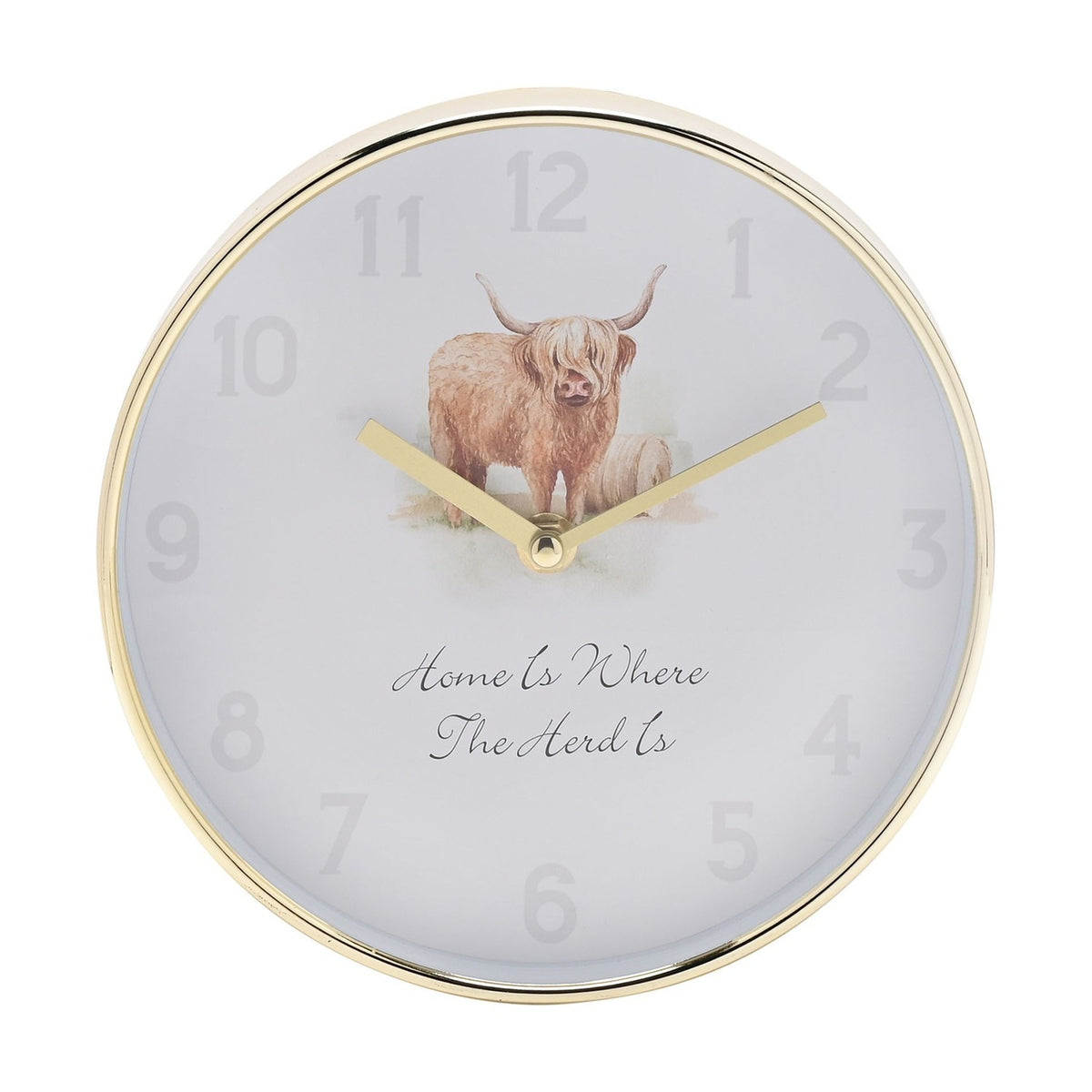 Round Highland Cow Quartz Wall Clock 19.5cm - Gold & White
