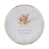 Round Highland Cow Quartz Wall Clock 19.5cm - Gold & White