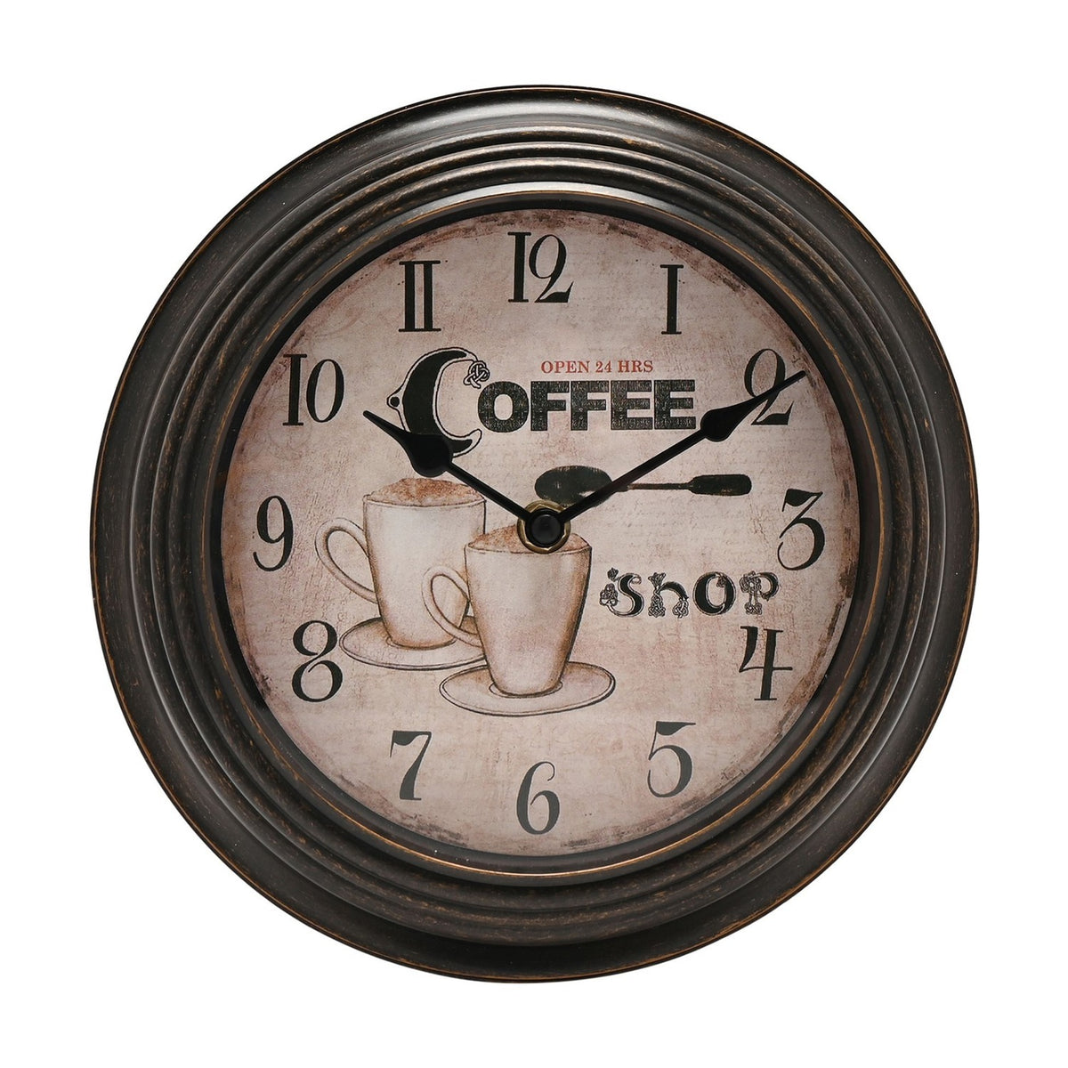 Round Coffee Shop Wooden Wall Clock 22.5cm - Brown & Tan