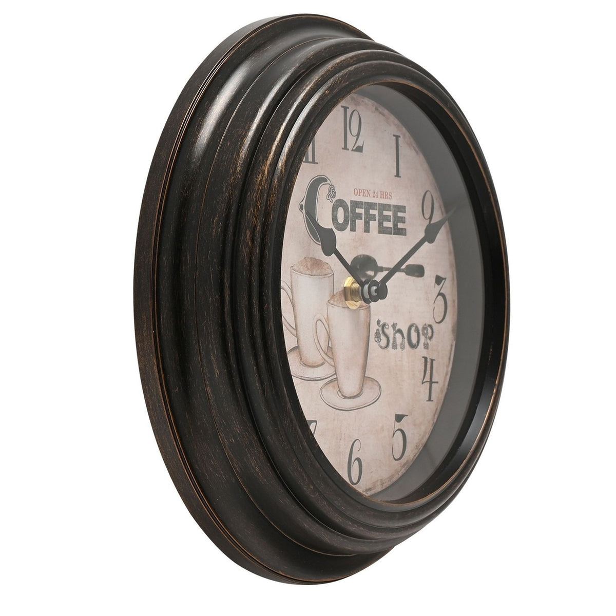 Round Coffee Shop Wooden Wall Clock 22.5cm - Brown & Tan