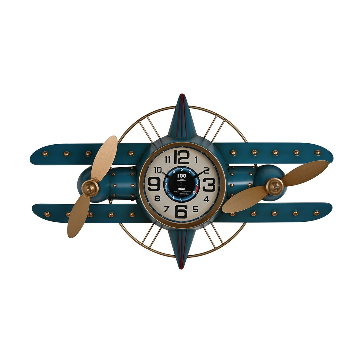 Twin Propeller Aeroplane Wall Clock with Gold Rivets - Blue