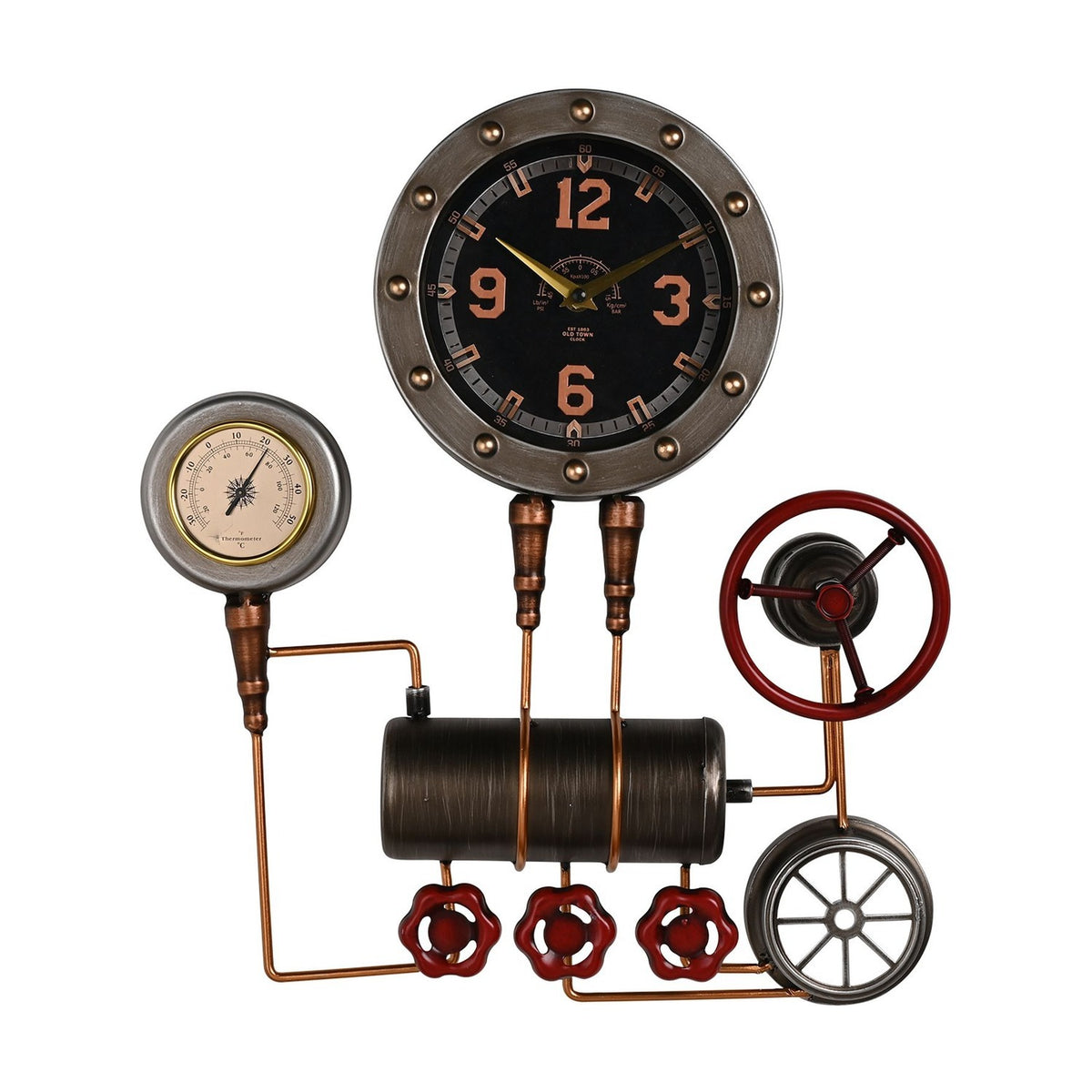 Valves & Pipes Wall Clock with Thermometer Gauge - Silver