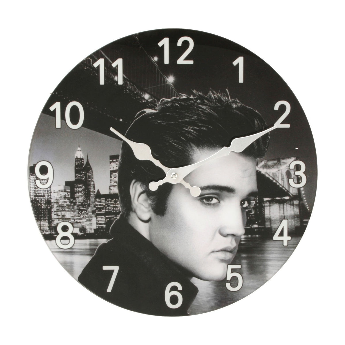 Round glass wall clock, 33cm, with a black and white portrait print of a man against a night city skyline and bridge, bold white Arabic numerals and white hands.