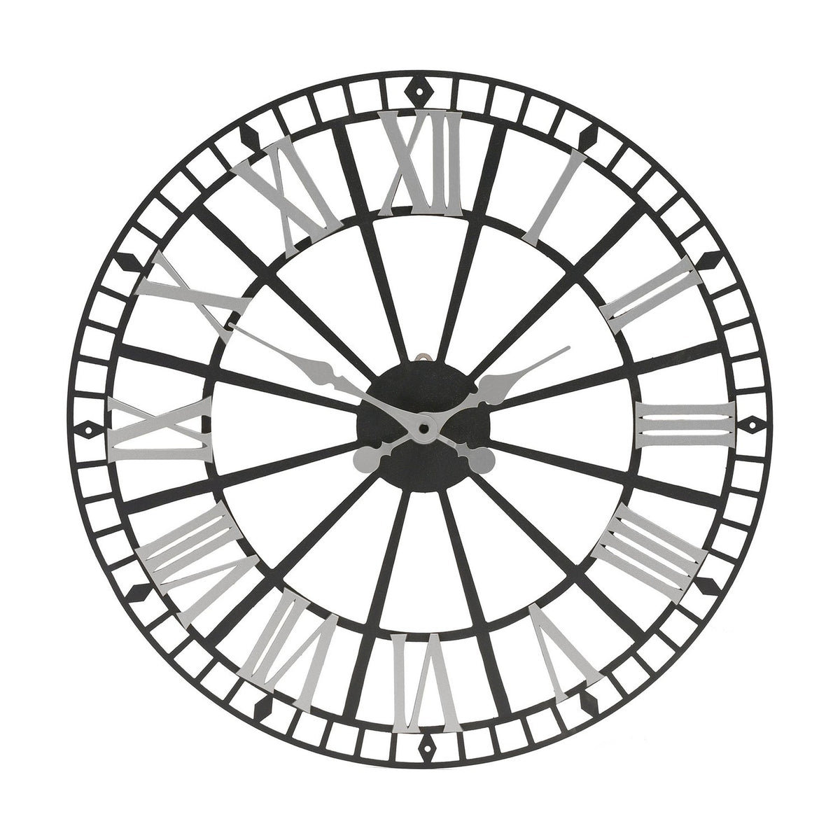 Round metal skeleton wall clock with open spoke frame, silver Roman numerals, silver hands, black centre hub, and a cut-out rim with diamond markers, shown on a plain white background.