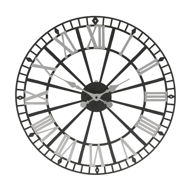 Round metal skeleton wall clock with open spoke frame, silver Roman numerals, silver hands, black centre hub, and a cut-out rim with diamond markers, shown on a plain white background.