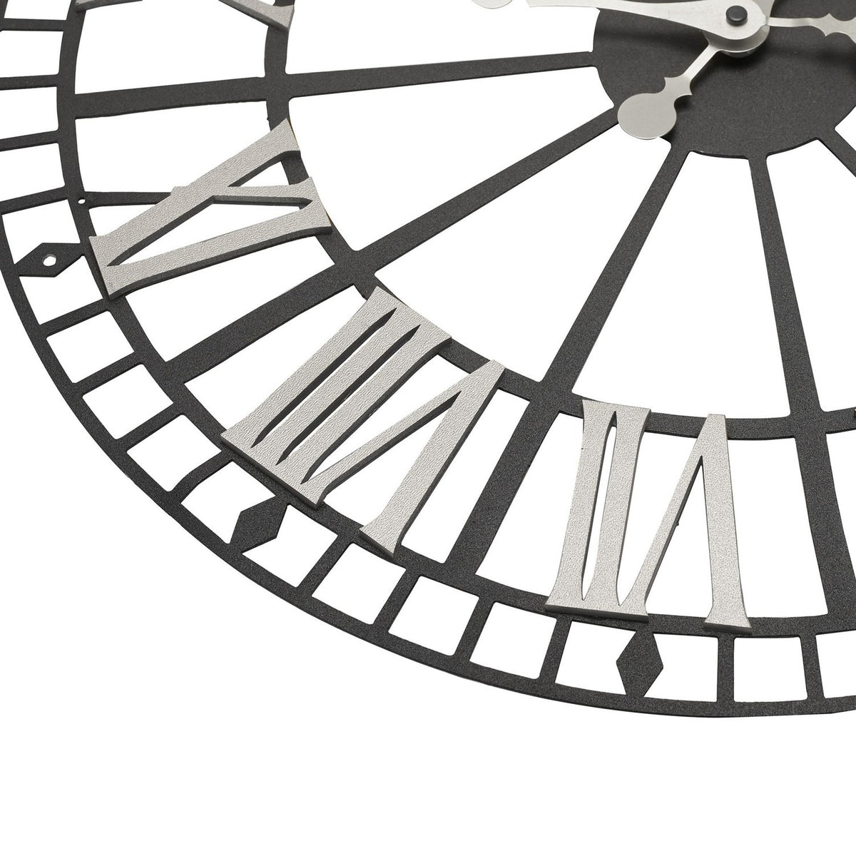 Close-up of the Retro Roman Numeral Metal Skeleton Wall Clock, 49cm, showing silver numerals over a black open spoke frame with silver hands and square cut-out rim detail.