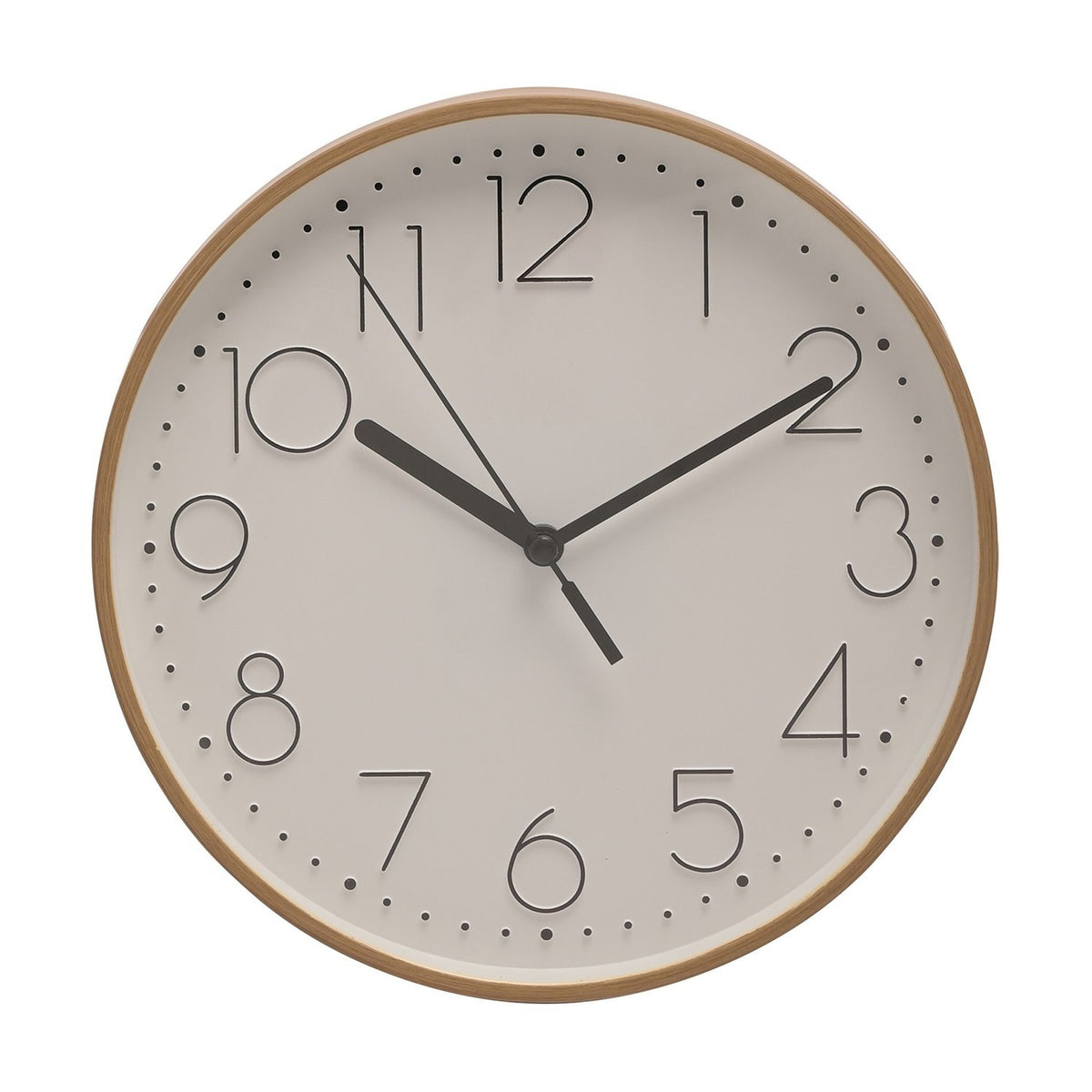 Round wall clock with light wood grain effect rim, white dial, bold black numerals 1-12, dot minute markers, and black hour and minute hands, shown on a plain white background.