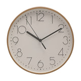 Round wall clock with light wood grain effect rim, white dial, bold black numerals 1-12, dot minute markers, and black hour and minute hands, shown on a plain white background.