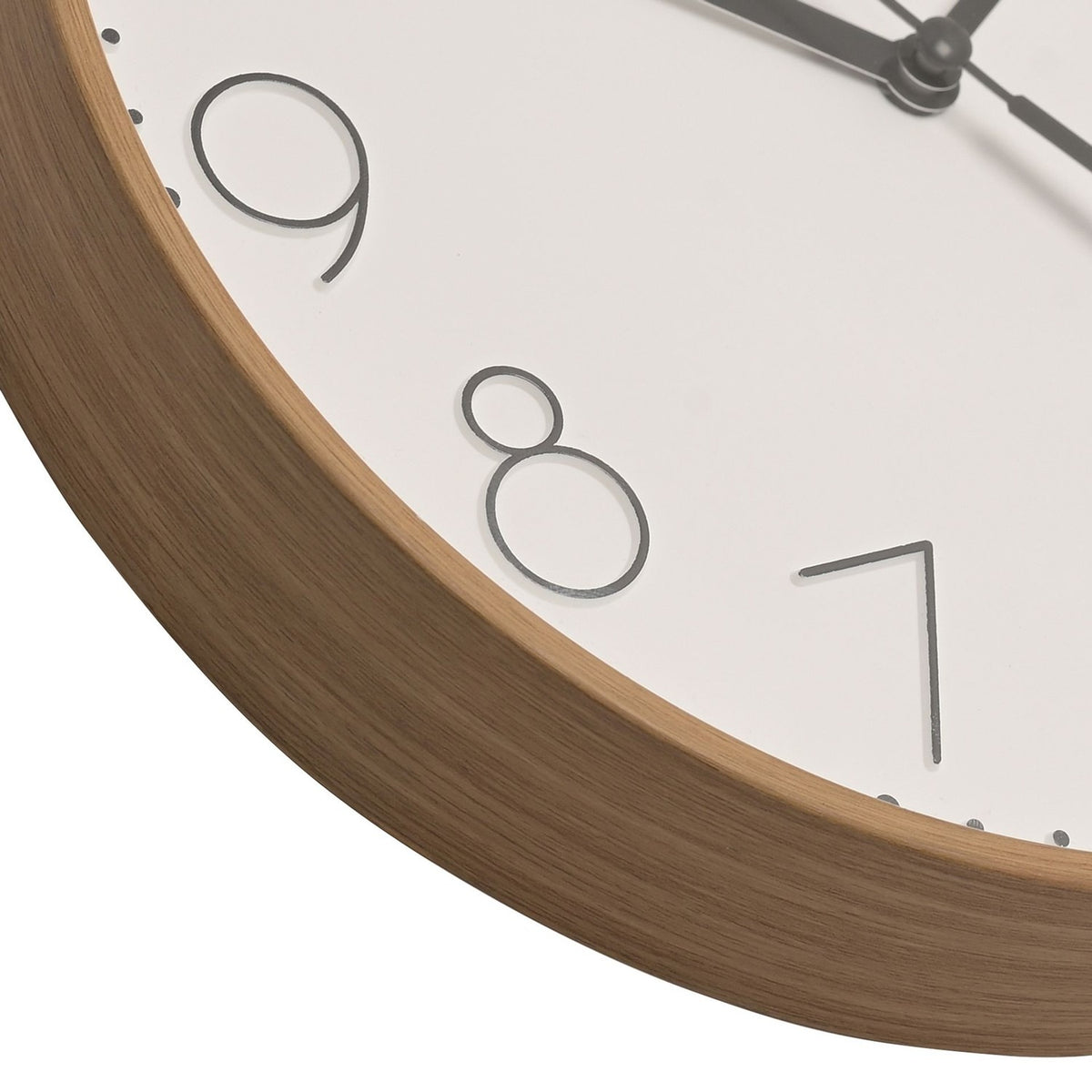 Close-up of the Round Light Wood Grain Effect Wall Clock, 23cm, showing the brown wood-effect rim, white dial, slim dark numerals and minute dots.