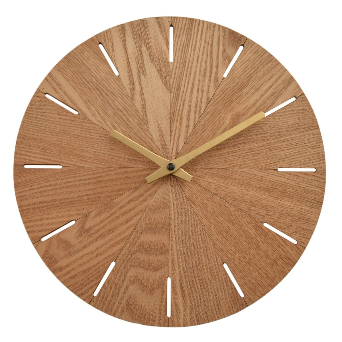 Round Sunburst Wooden Wall Clock with Gold Hands - Brown