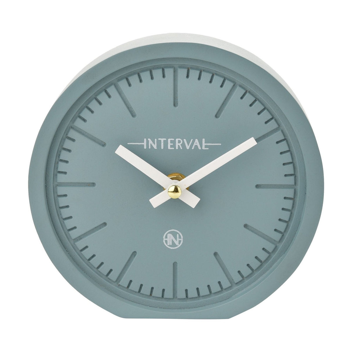Round matt teal mantel clock, 15.4cm, with a numeral-free dial, baton hour markers, white hands and gold centre detail, set against a plain white background.