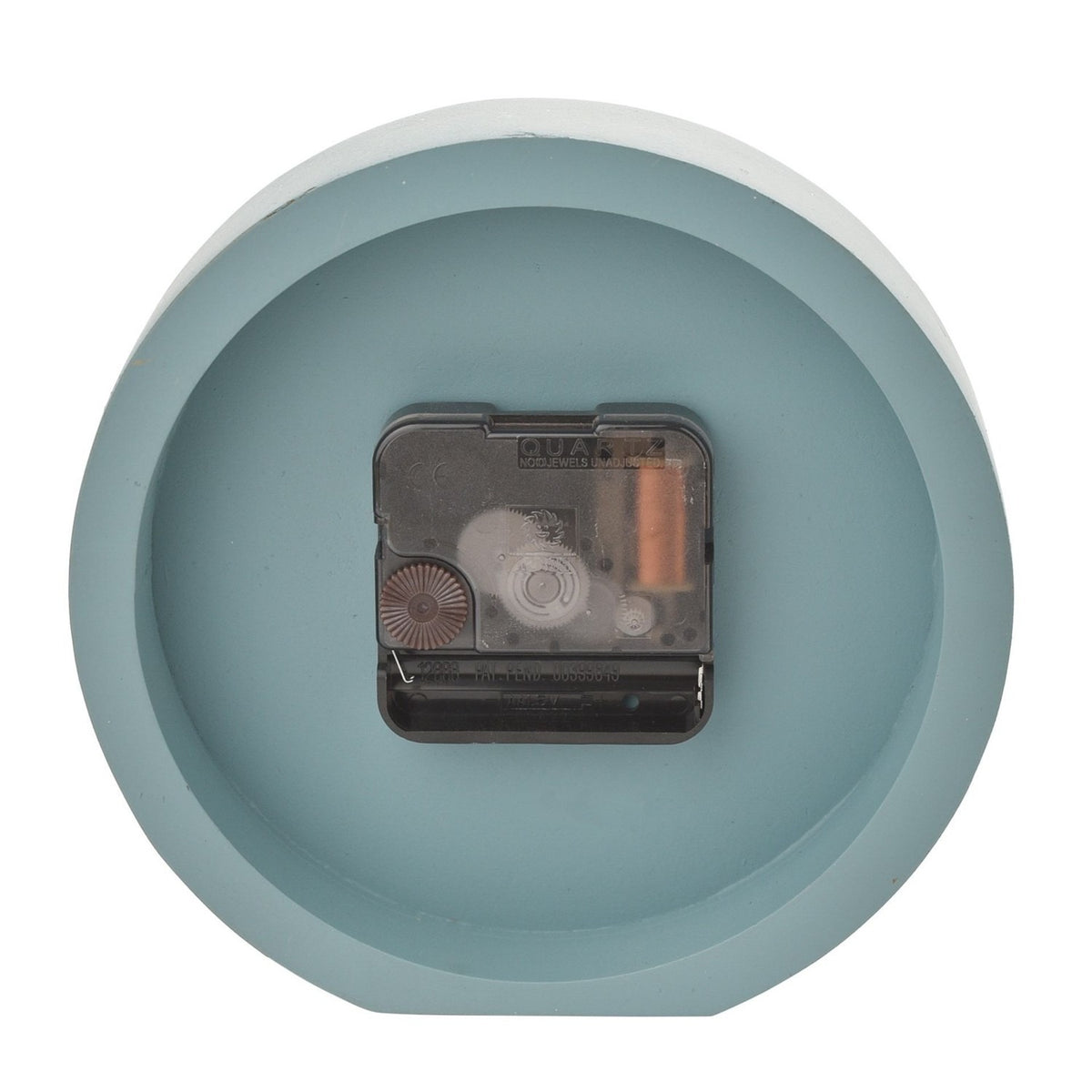 Rear view of the Minimalist Round Matt Desk and Mantel Clock in teal, showing the exposed quartz movement mechanism within the round case, set on a plain white background.
