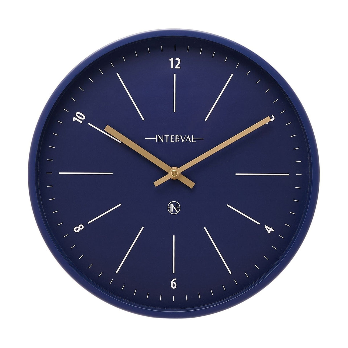 Round metal wall clock, 31.6cm, in navy blue with gold hands, white numerals at even hours, hour markers and minute ticks, shown on a plain white background.