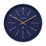 Round metal wall clock, 31.6cm, in navy blue with gold hands, white numerals at even hours, hour markers and minute ticks, shown on a plain white background.