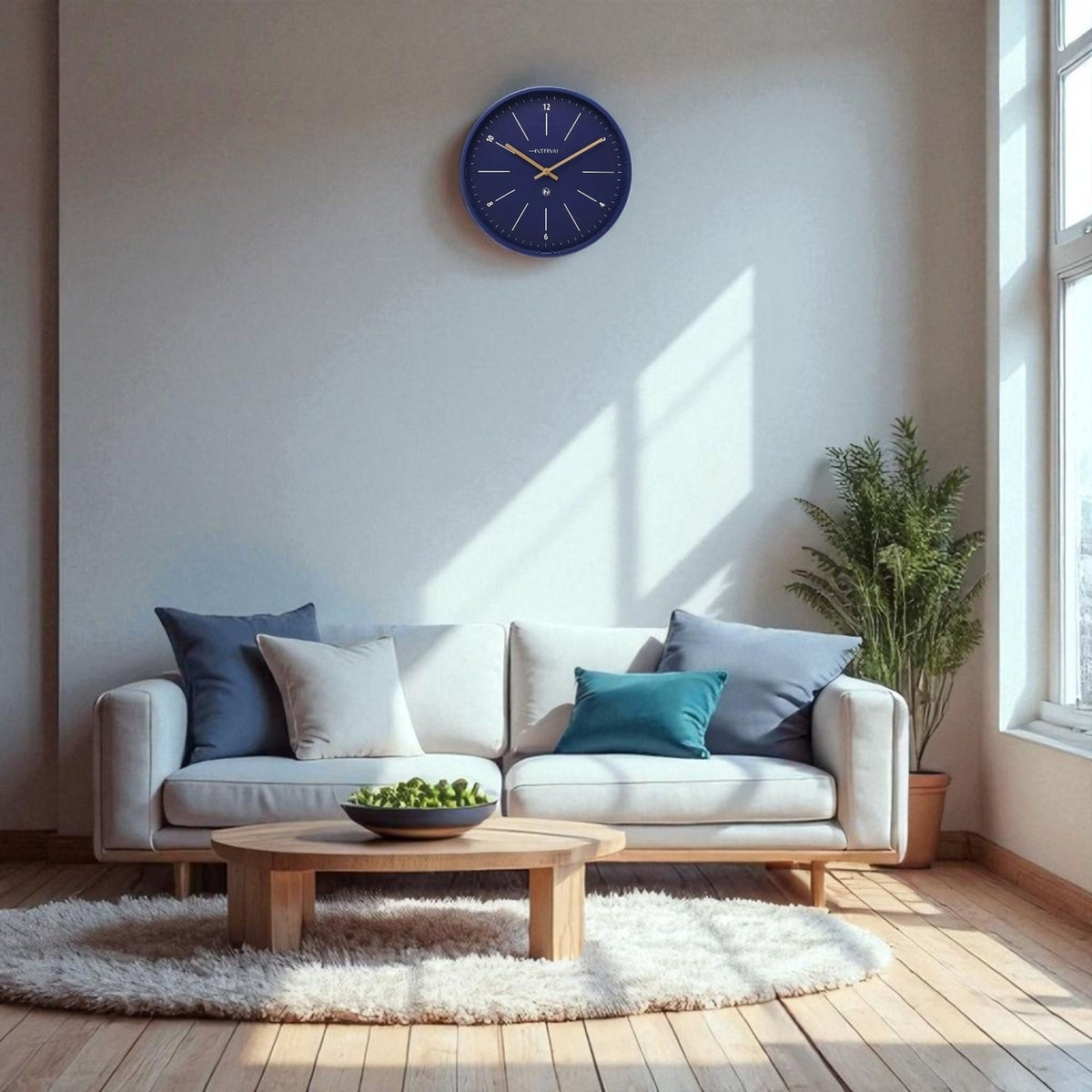 Round metal wall clock, 31.6cm, in navy blue with gold hands and white hour markers, mounted above a sofa in a living room setting.